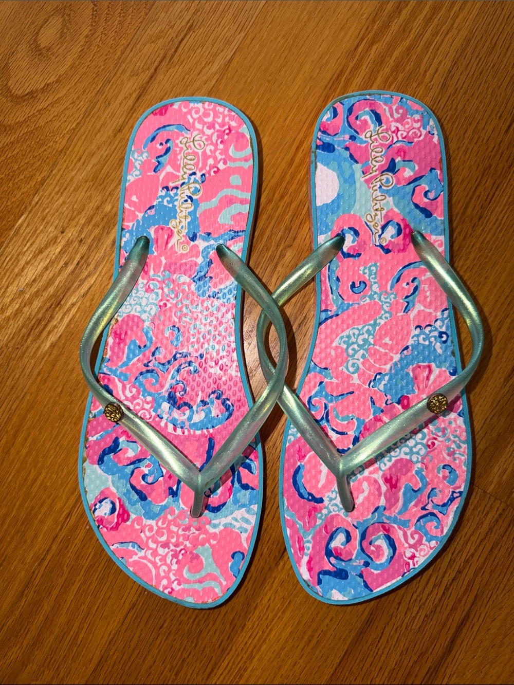 Lilly Pulitzer Pink and Blue Patterned Flip Flop Sandals with Metallic Straps